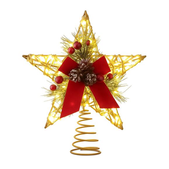 Woven Star Holly Berry Bow Lit Christmas Tree Topper 10" LED 5-Pt Holiday Red - Picture 9 of 10